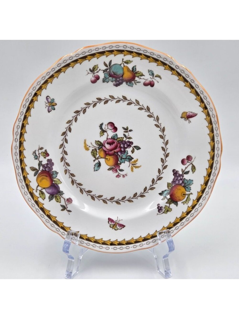 Spode Rockingham Set of 4 Bread and Butter Plates Pink Flowers Geometric Trim